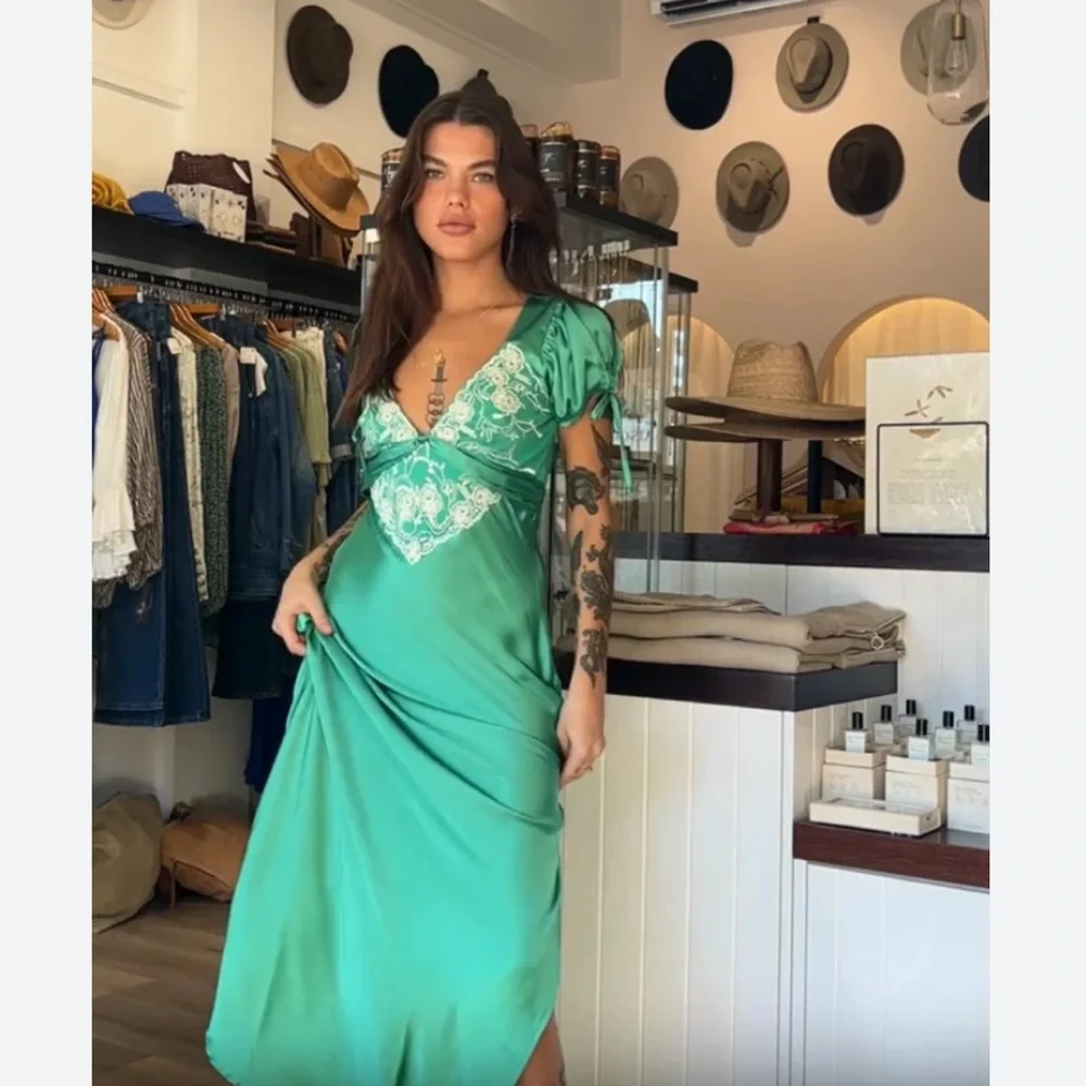 Free People Emerald Green Satin Maxi Dress with Embroidered Bodice - Picture 5 of 8